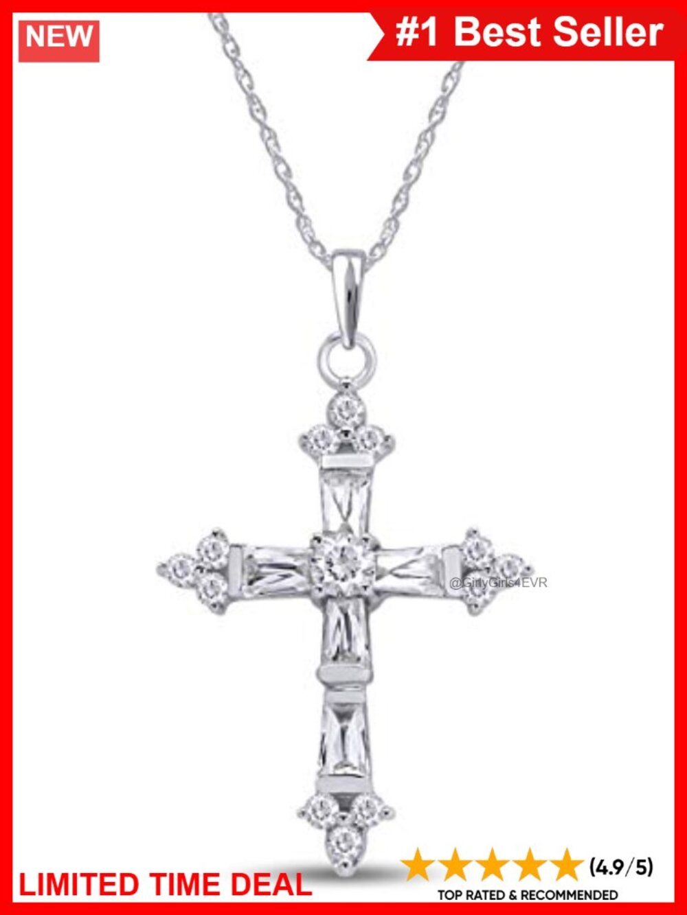 925 Sterling Silver Cross Pendant Necklace with Baguette & Round CZ